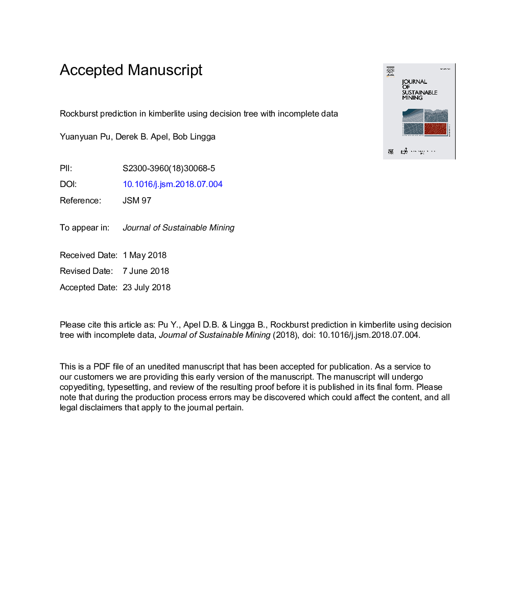 Rockburst prediction in kimberlite using decision tree with incomplete data