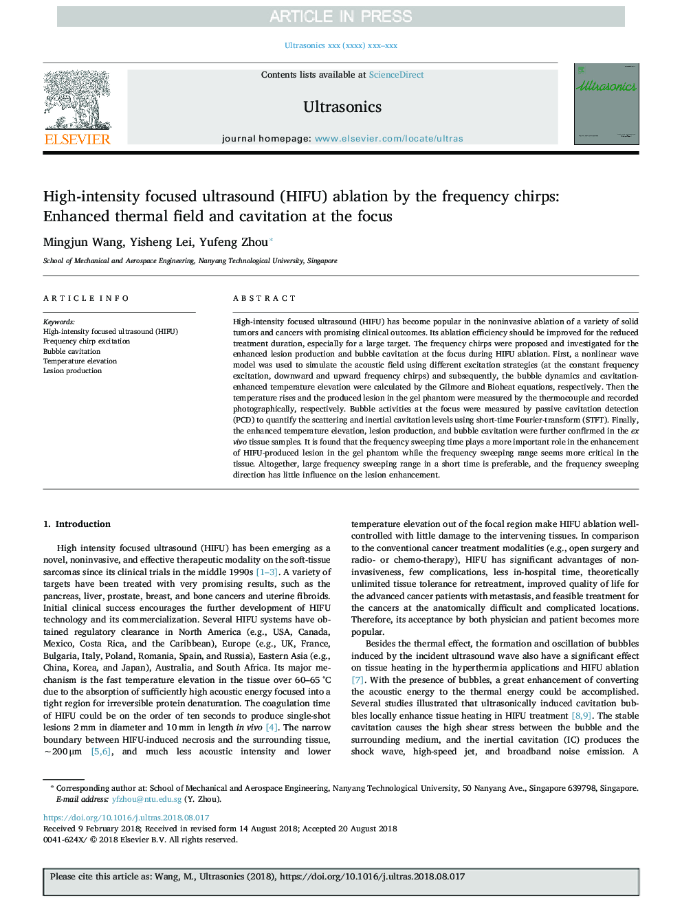 High-intensity focused ultrasound (HIFU) ablation by the frequency chirps: Enhanced thermal field and cavitation at the focus