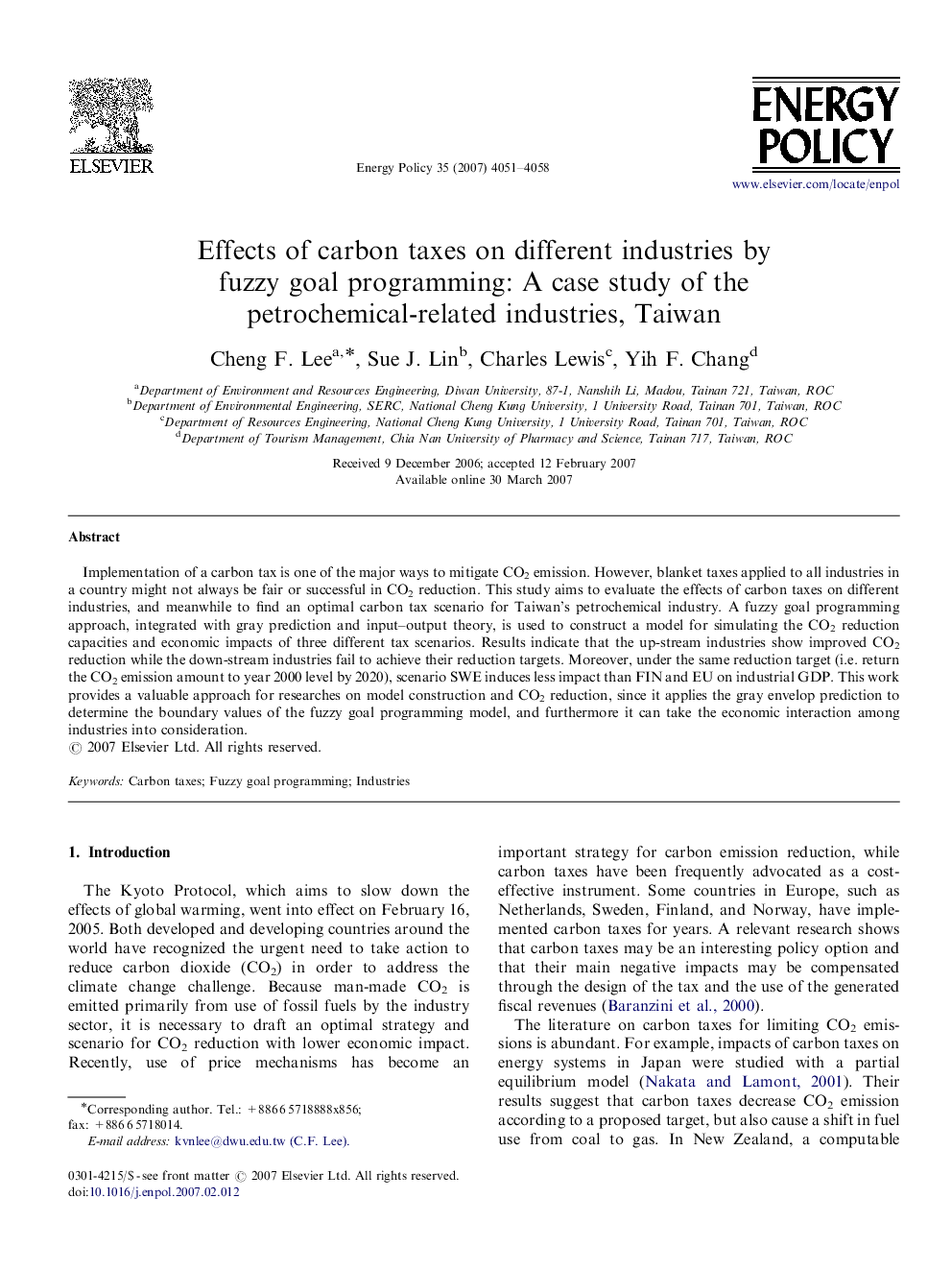 Effects of carbon taxes on different industries by fuzzy goal programming: A case study of the petrochemical-related industries, Taiwan