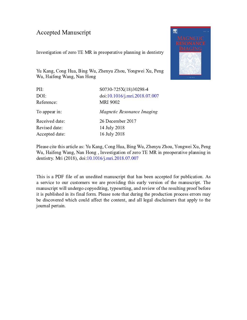 Investigation of zero TE MR in preoperative planning in dentistry