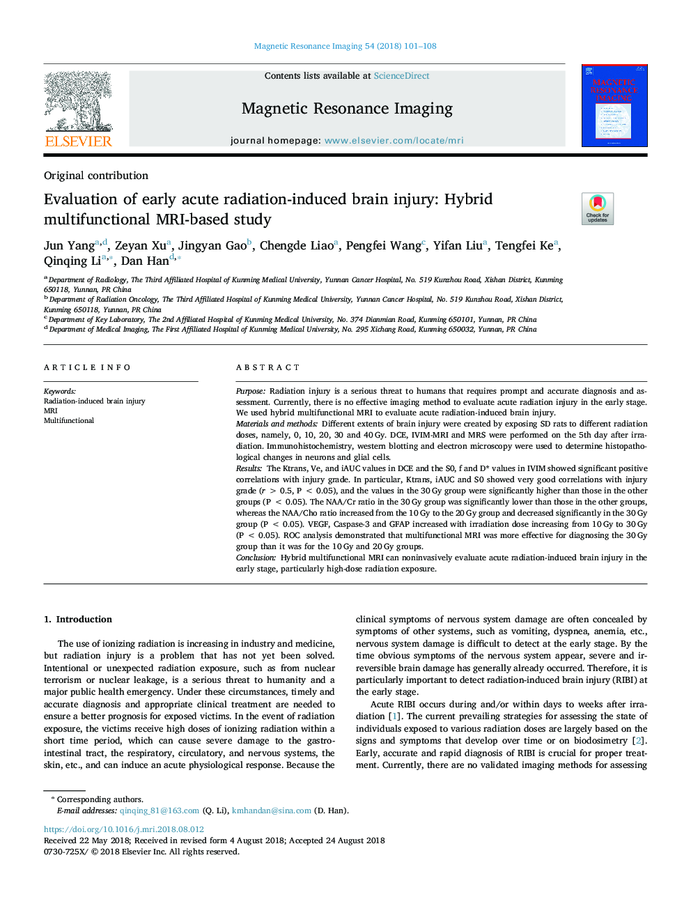 Evaluation of early acute radiation-induced brain injury: Hybrid multifunctional MRI-based study