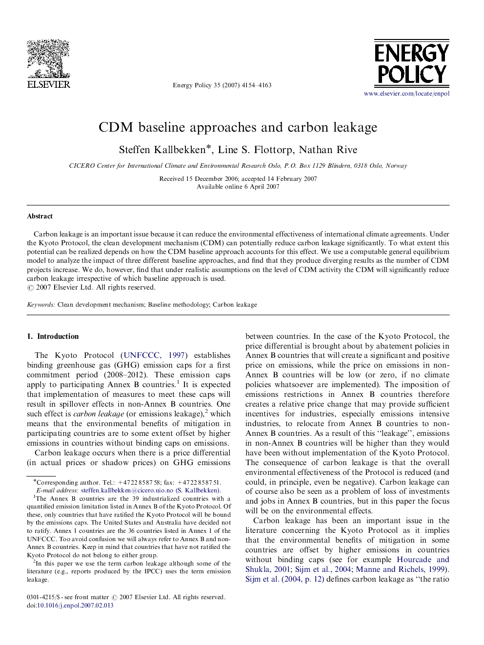 CDM baseline approaches and carbon leakage