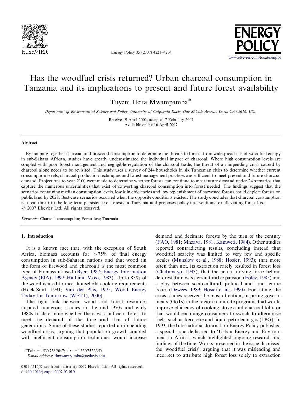 Has the woodfuel crisis returned? Urban charcoal consumption in Tanzania and its implications to present and future forest availability