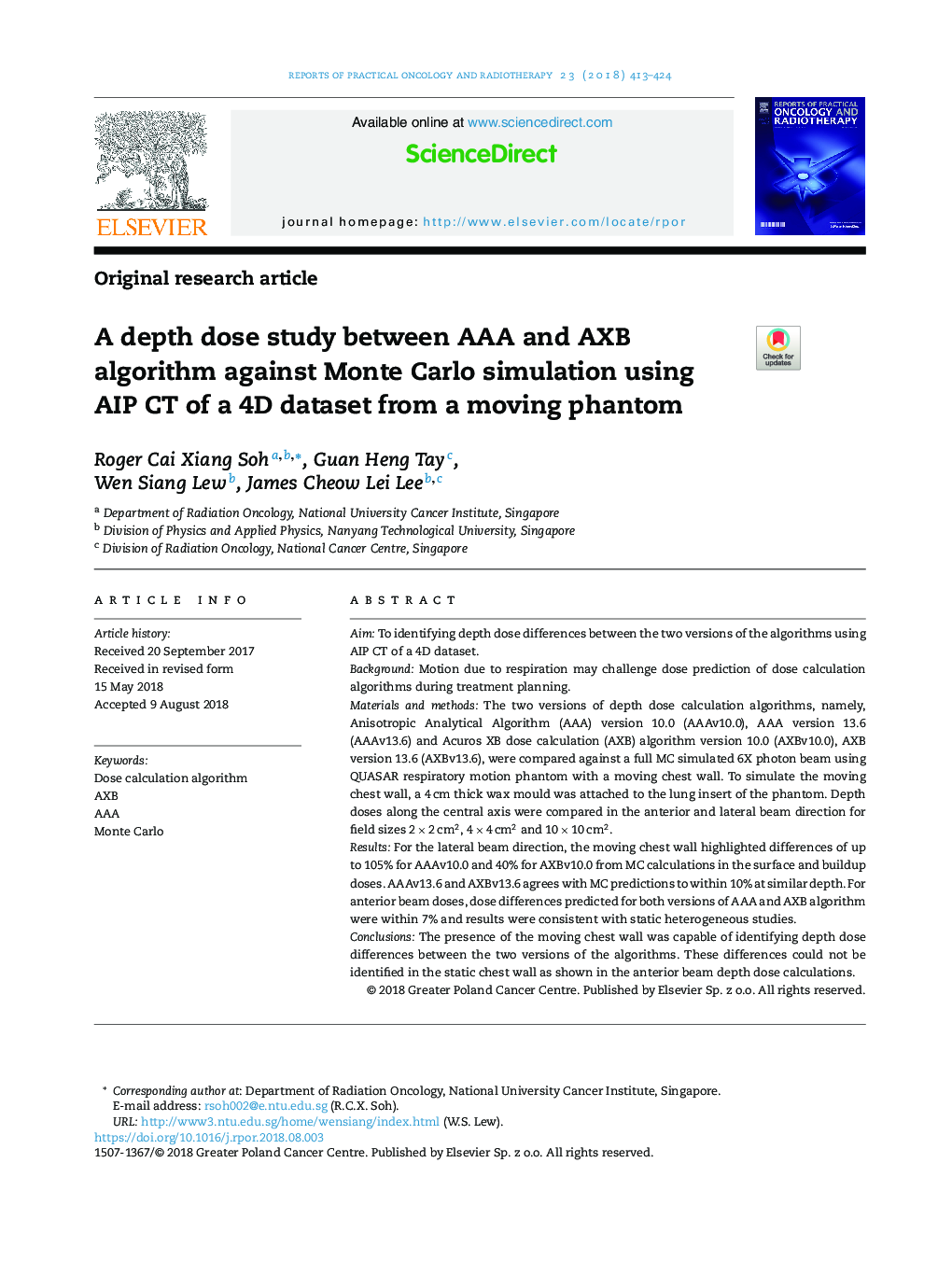 A depth dose study between AAA and AXB algorithm against Monte Carlo simulation using AIP CT of a 4D dataset from a moving phantom