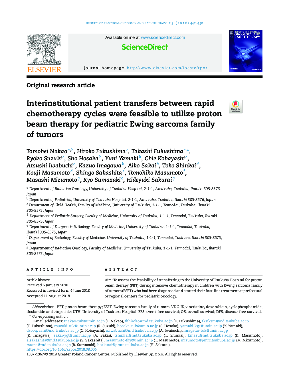 Interinstitutional patient transfers between rapid chemotherapy cycles were feasible to utilize proton beam therapy for pediatric Ewing sarcoma family of tumors