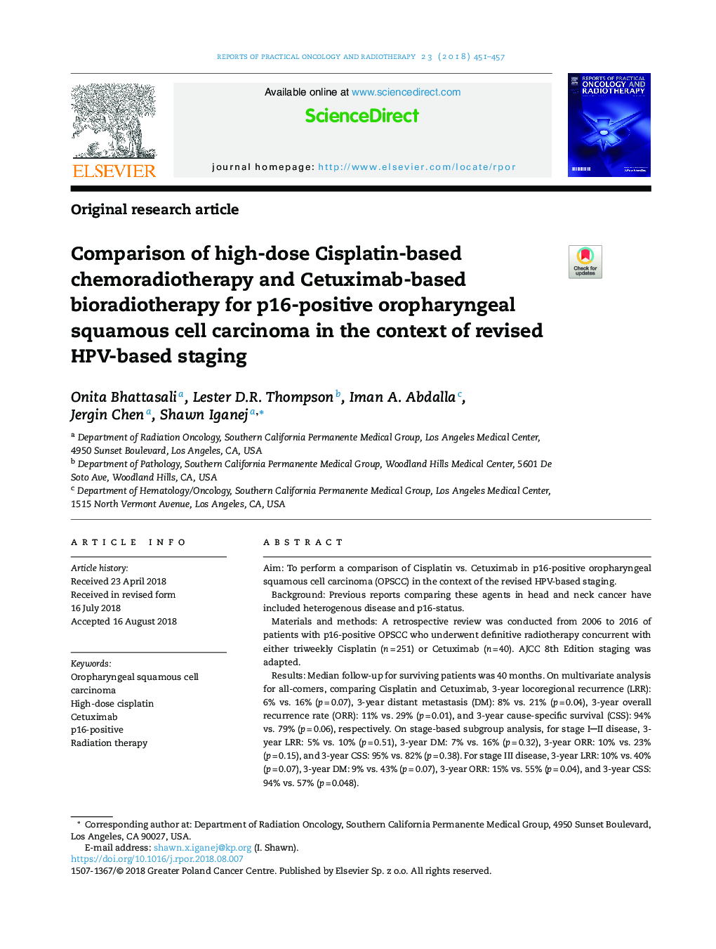 Comparison of high-dose Cisplatin-based chemoradiotherapy and Cetuximab-based bioradiotherapy for p16-positive oropharyngeal squamous cell carcinoma in the context of revised HPV-based staging