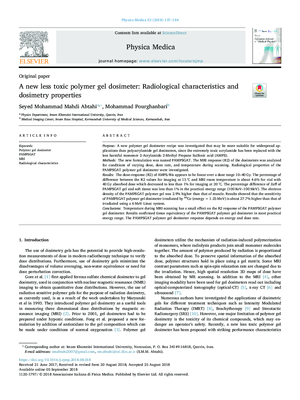 A new less toxic polymer gel dosimeter: Radiological characteristics and dosimetry properties