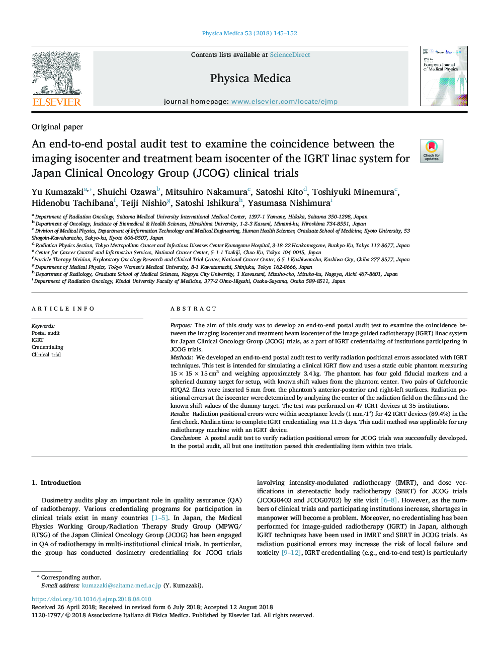 An end-to-end postal audit test to examine the coincidence between the imaging isocenter and treatment beam isocenter of the IGRT linac system for Japan Clinical Oncology Group (JCOG) clinical trials