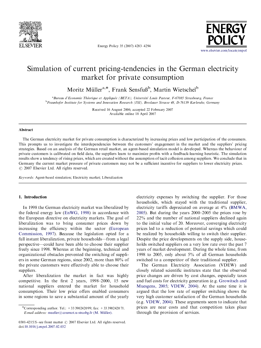 Simulation of current pricing-tendencies in the German electricity market for private consumption