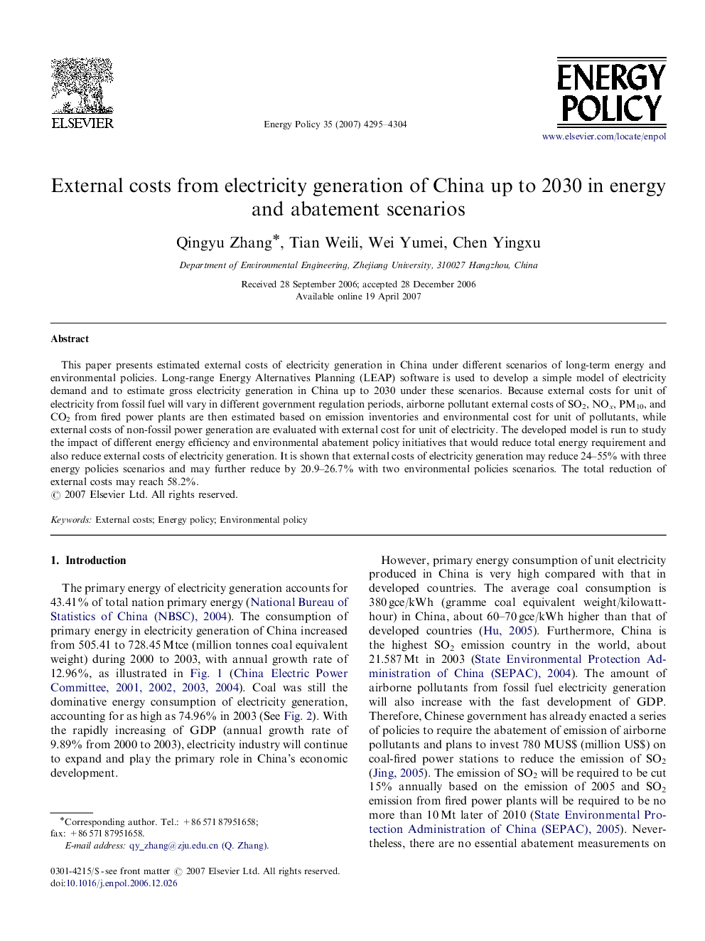 External costs from electricity generation of China up to 2030 in energy and abatement scenarios