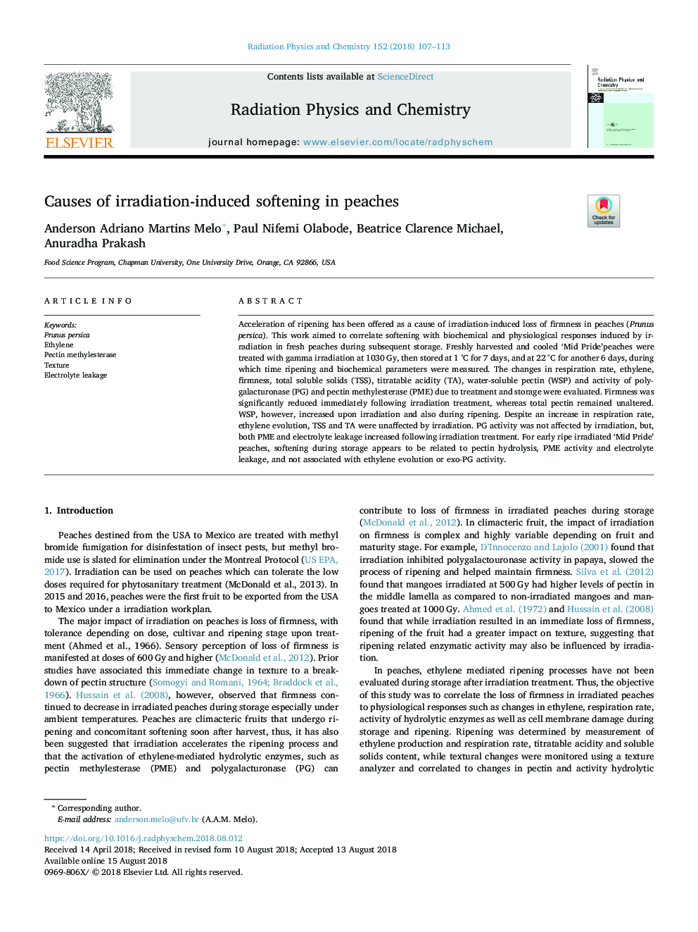 Causes of irradiation-induced softening in peaches