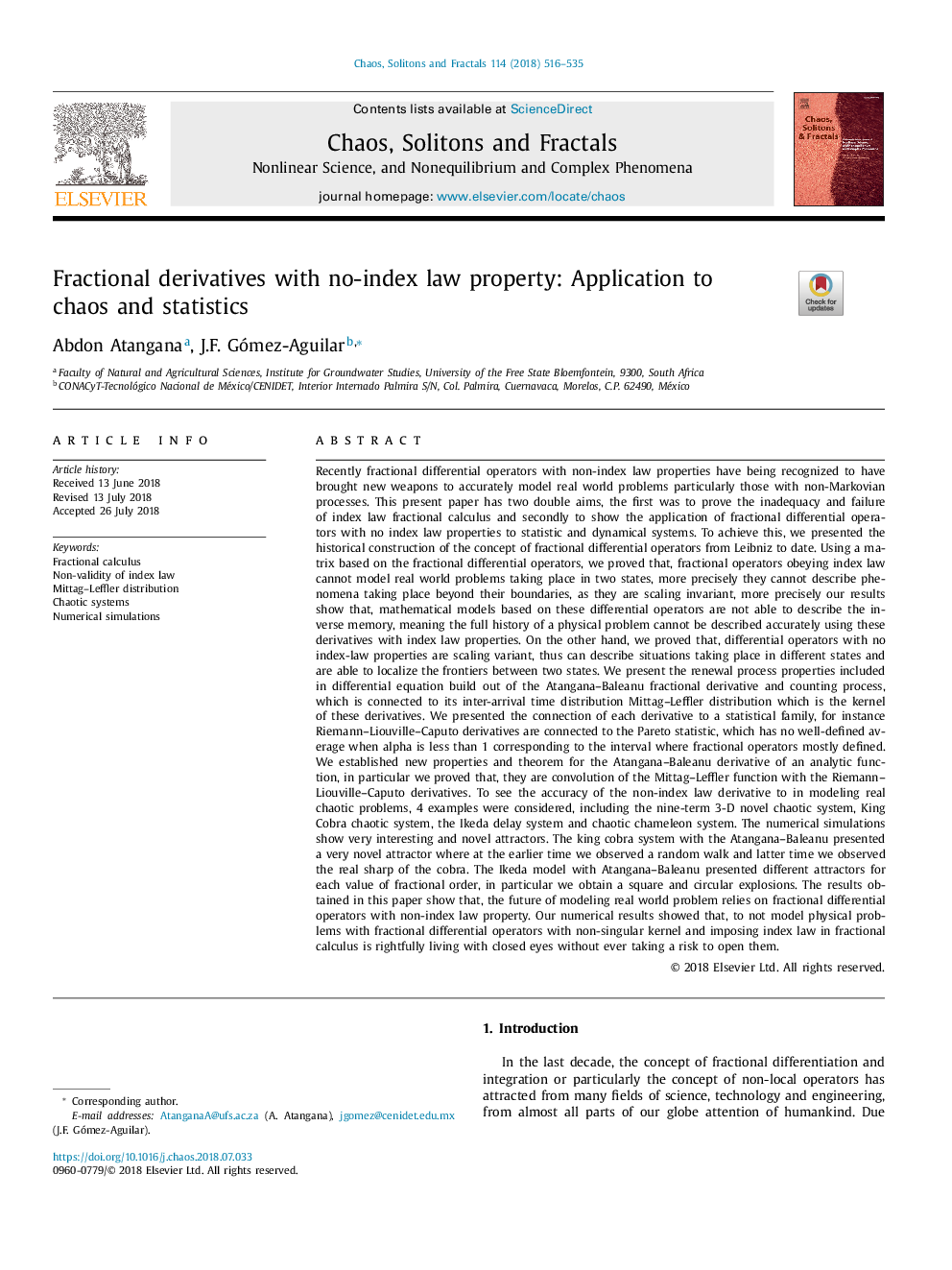 Fractional derivatives with no-index law property: Application to chaos and statistics