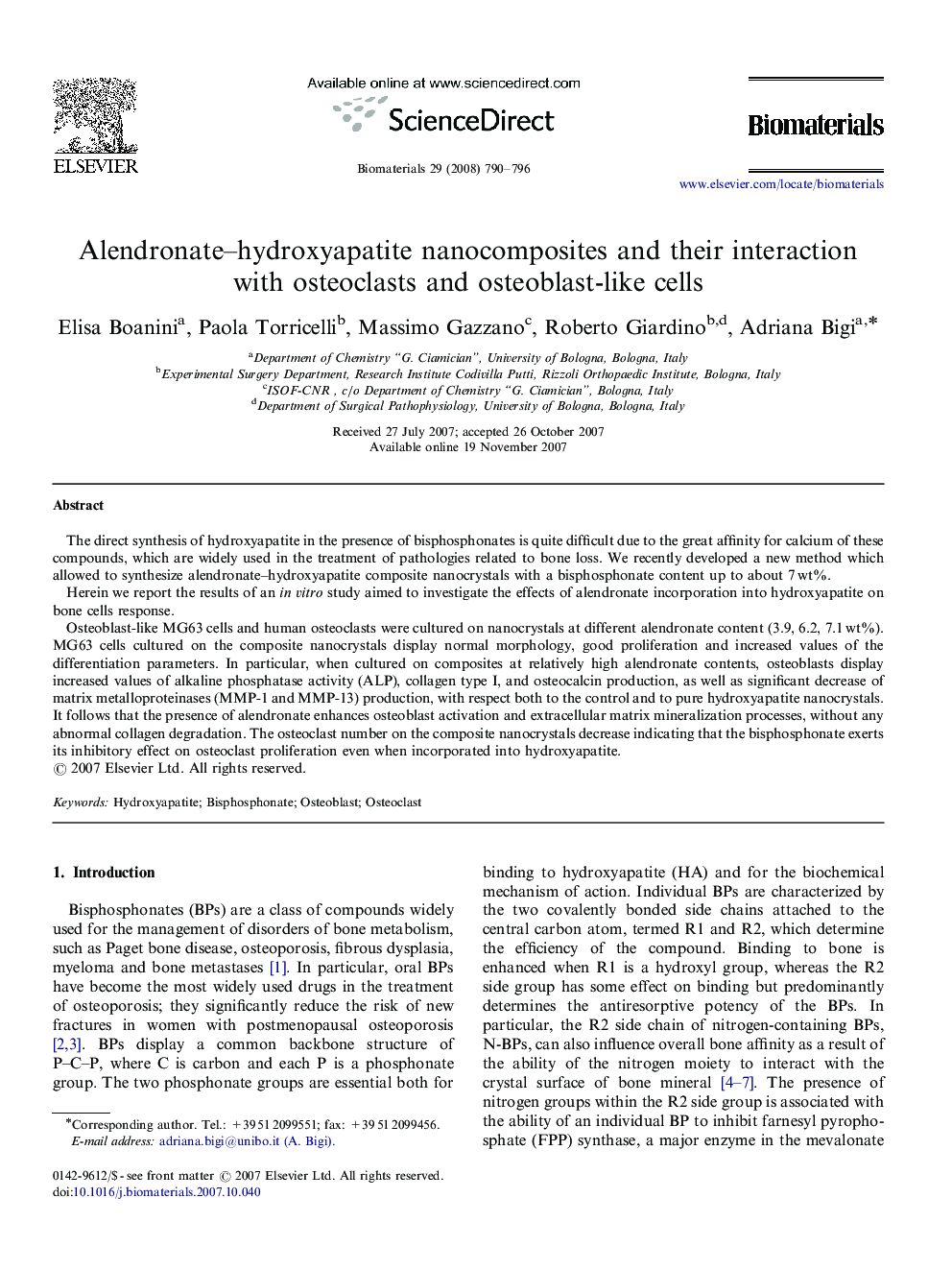 Alendronate–hydroxyapatite nanocomposites and their interaction with osteoclasts and osteoblast-like cells