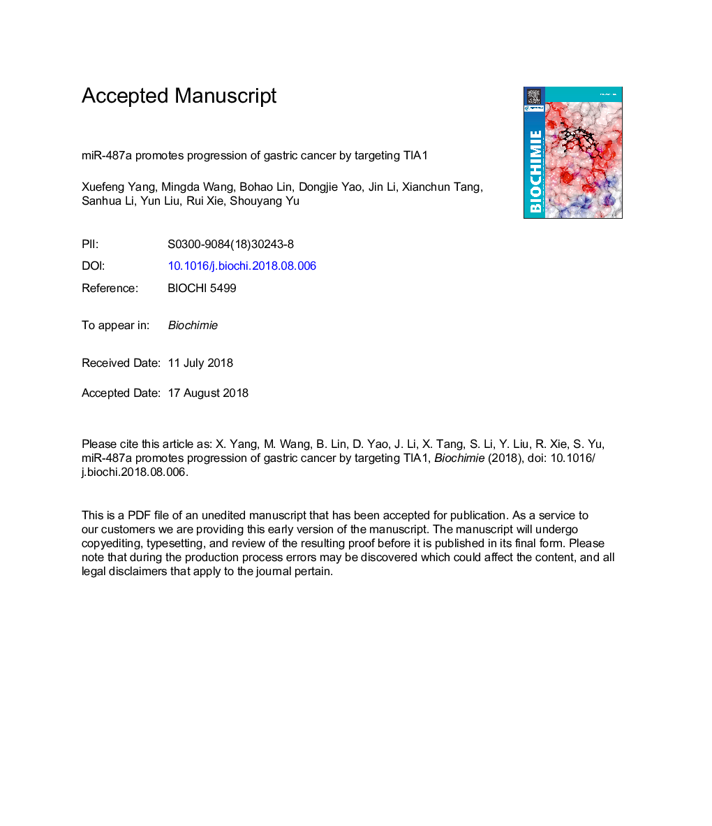 miR-487a promotes progression of gastric cancer by targeting TIA1