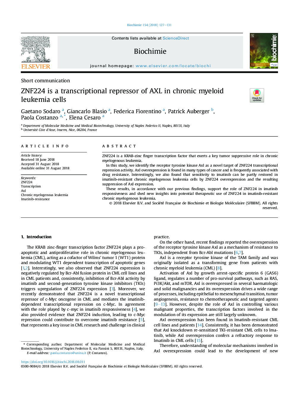 ZNF224 is a transcriptional repressor of AXL in chronic myeloid leukemia cells