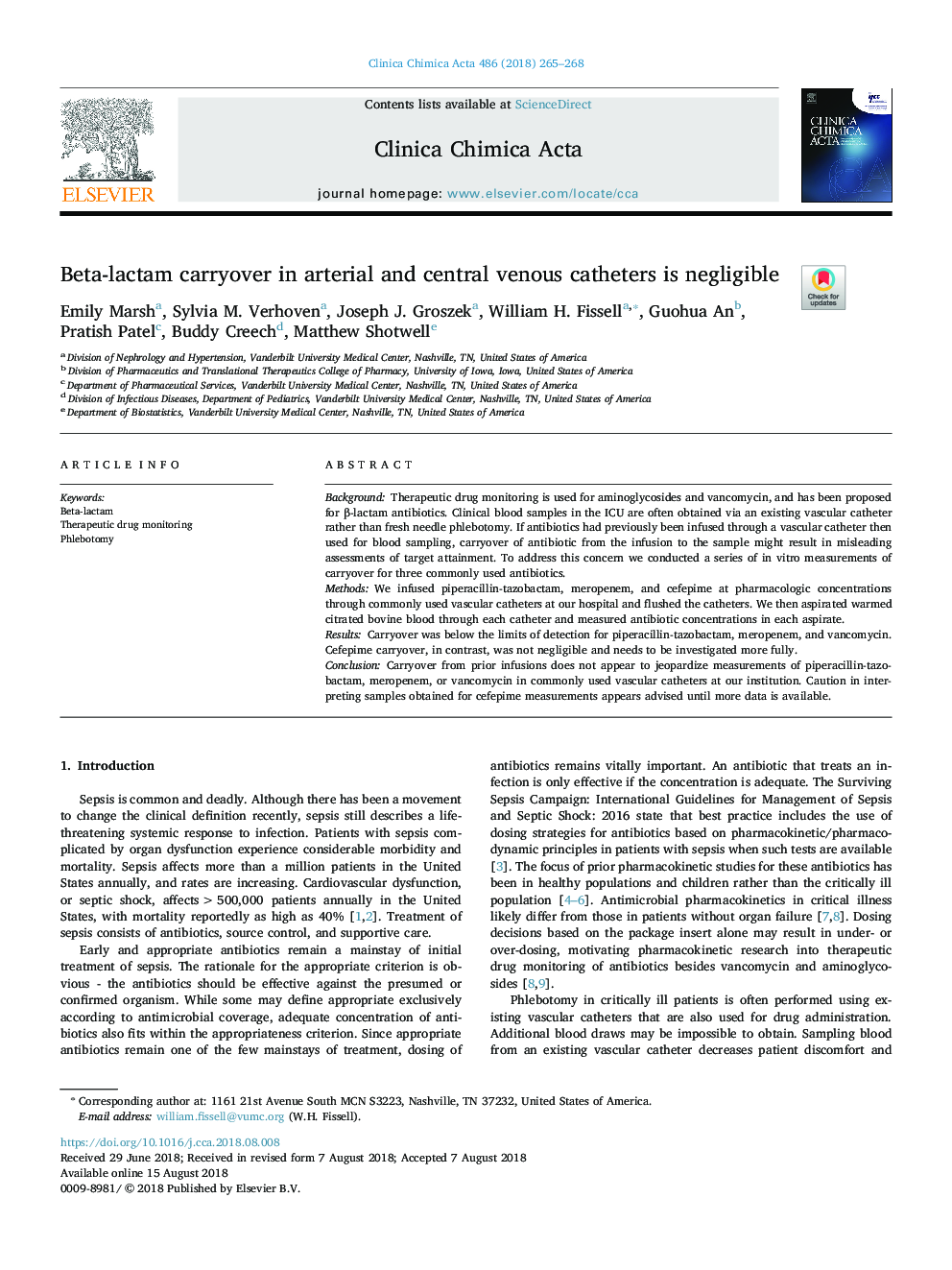 Beta-lactam carryover in arterial and central venous catheters is negligible