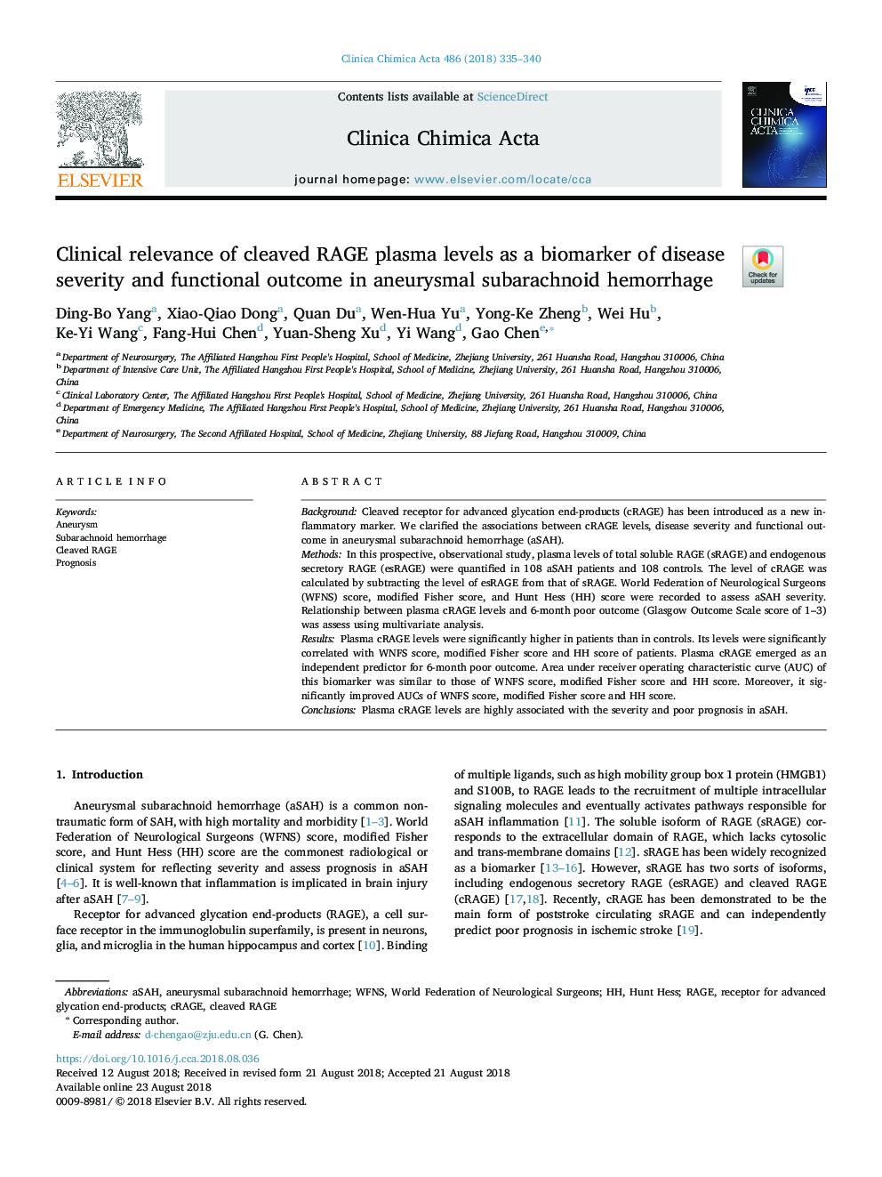 Clinical relevance of cleaved RAGE plasma levels as a biomarker of disease severity and functional outcome in aneurysmal subarachnoid hemorrhage