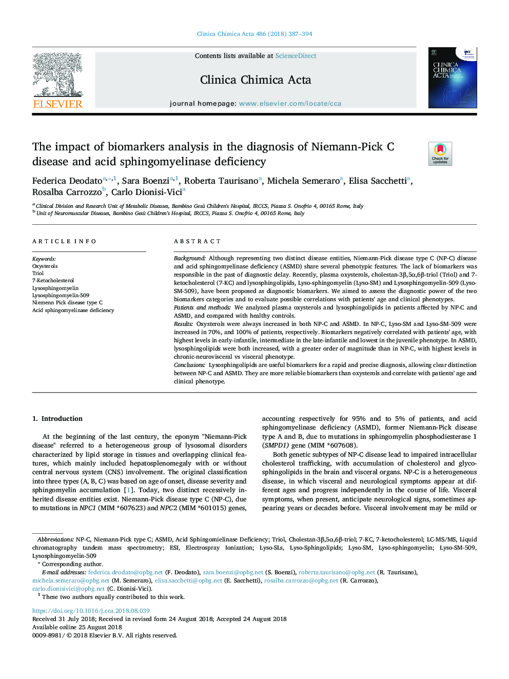 The impact of biomarkers analysis in the diagnosis of Niemann-Pick C disease and acid sphingomyelinase deficiency