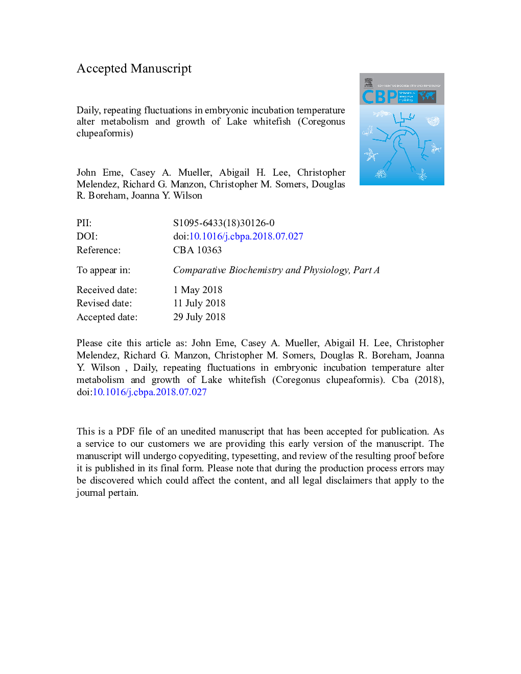 Daily, repeating fluctuations in embryonic incubation temperature alter metabolism and growth of Lake whitefish (Coregonus clupeaformis)