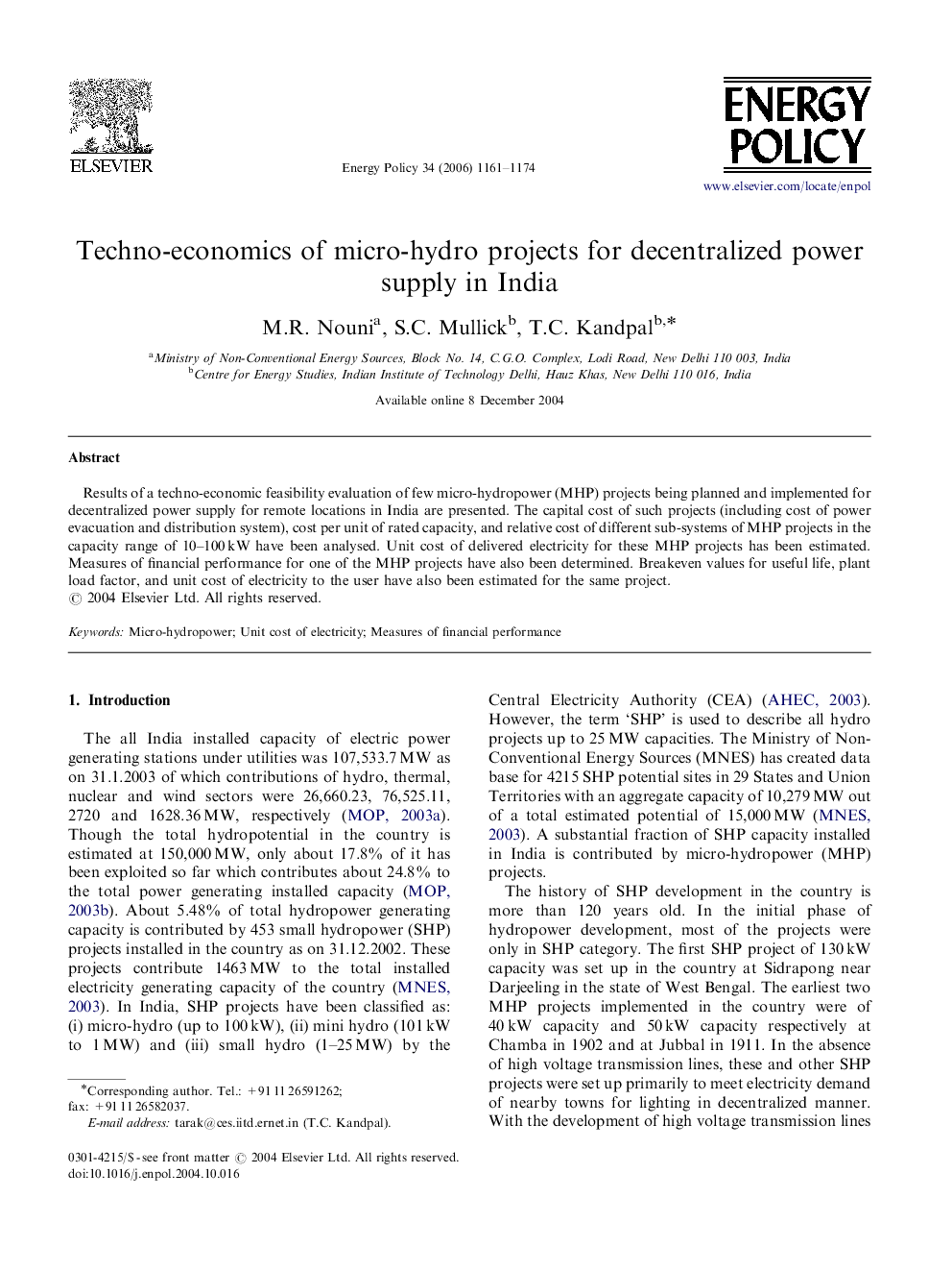 Techno-economics of micro-hydro projects for decentralized power supply in India