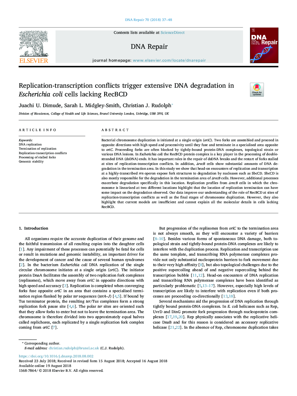 عکس صفحه اول مقاله: Replication-transcription conflicts trigger extensive DNA degradation in Escherichia coli cells lacking RecBCD Replication-transcription conflicts trigger extensive DNA degradation in Escherichia coli cells lacking RecBCD