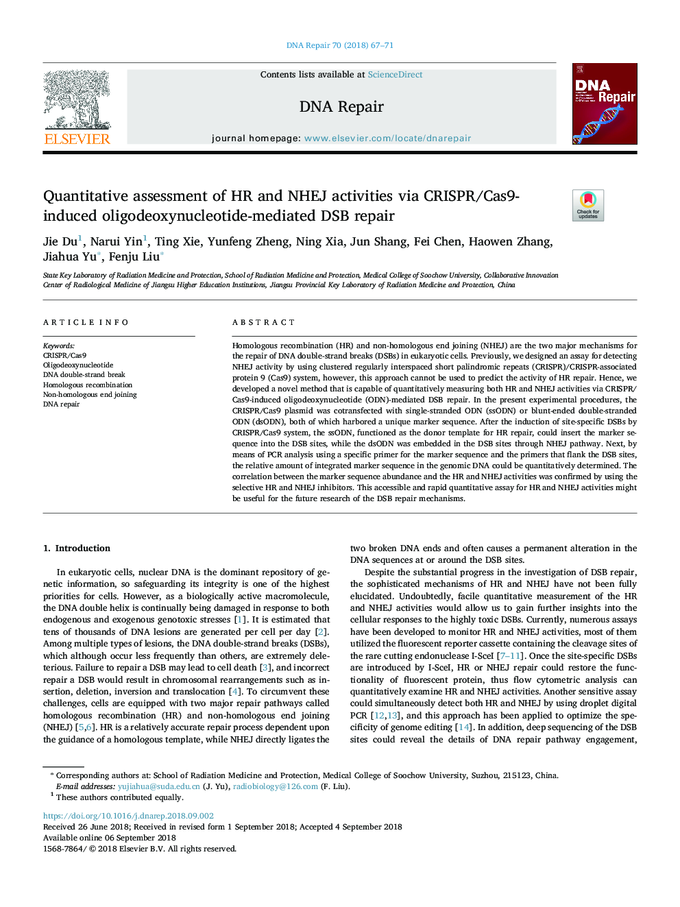 Quantitative assessment of HR and NHEJ activities via CRISPR/Cas9-induced oligodeoxynucleotide-mediated DSB repair
