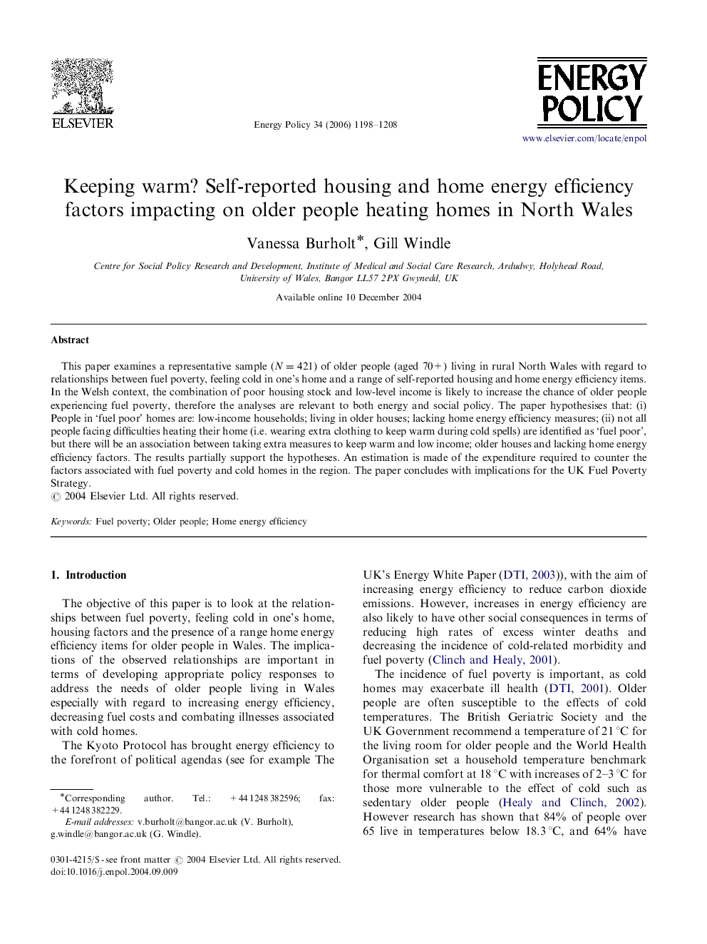 Keeping warm? Self-reported housing and home energy efficiency factors impacting on older people heating homes in North Wales