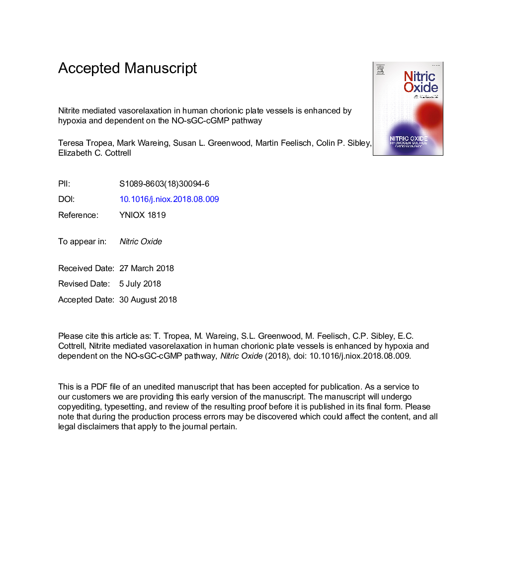 Nitrite mediated vasorelaxation in human chorionic plate vessels is enhanced by hypoxia and dependent on the NO-sGC-cGMP pathway