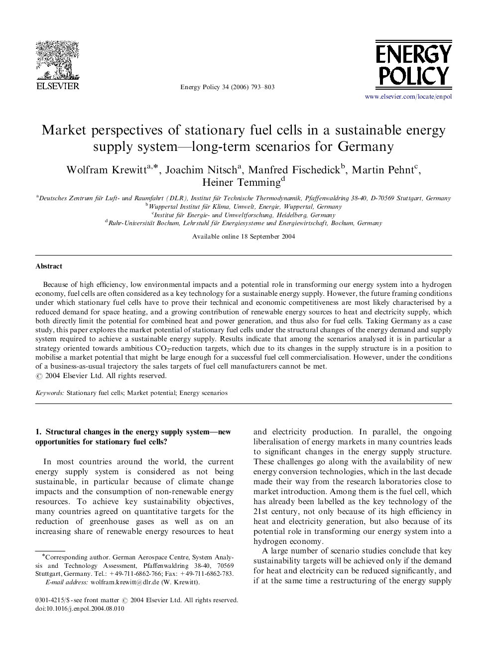 Market perspectives of stationary fuel cells in a sustainable energy supply system—long-term scenarios for Germany