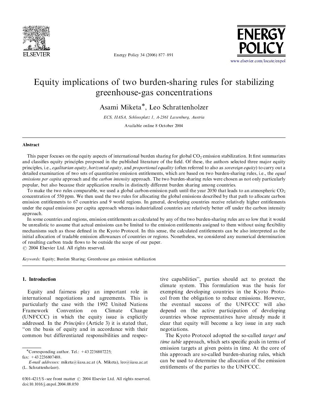 Equity implications of two burden-sharing rules for stabilizing greenhouse-gas concentrations