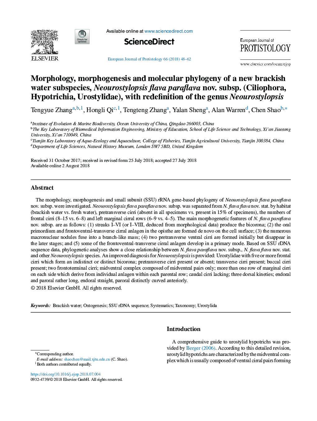 Morphology, morphogenesis and molecular phylogeny of a new brackish water subspecies, Neourostylopsis flava paraflava nov. subsp. (Ciliophora, Hypotrichia, Urostylidae), with redefinition of the genus Neourostylopsis