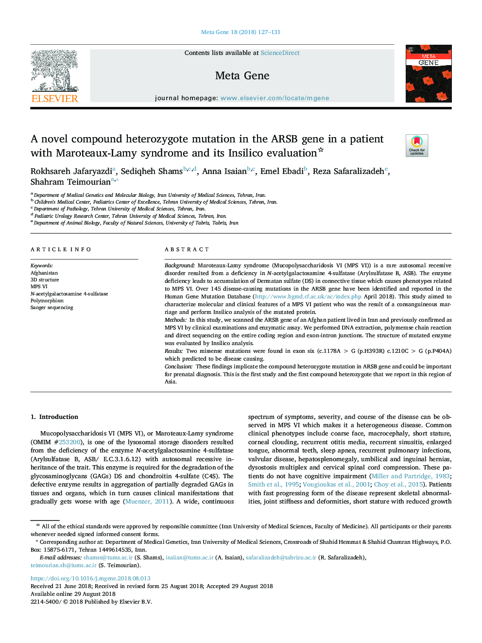 A novel compound heterozygote mutation in the ARSB gene in a patient with Maroteaux-Lamy syndrome and its Insilico evaluation