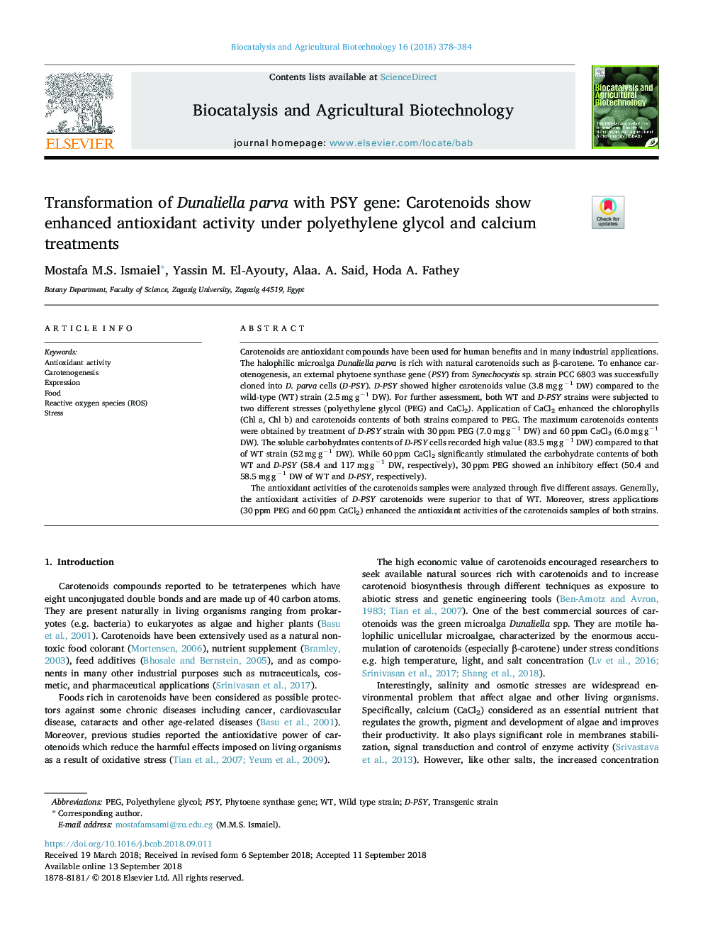 Transformation of Dunaliella parva with PSY gene: Carotenoids show enhanced antioxidant activity under polyethylene glycol and calcium treatments