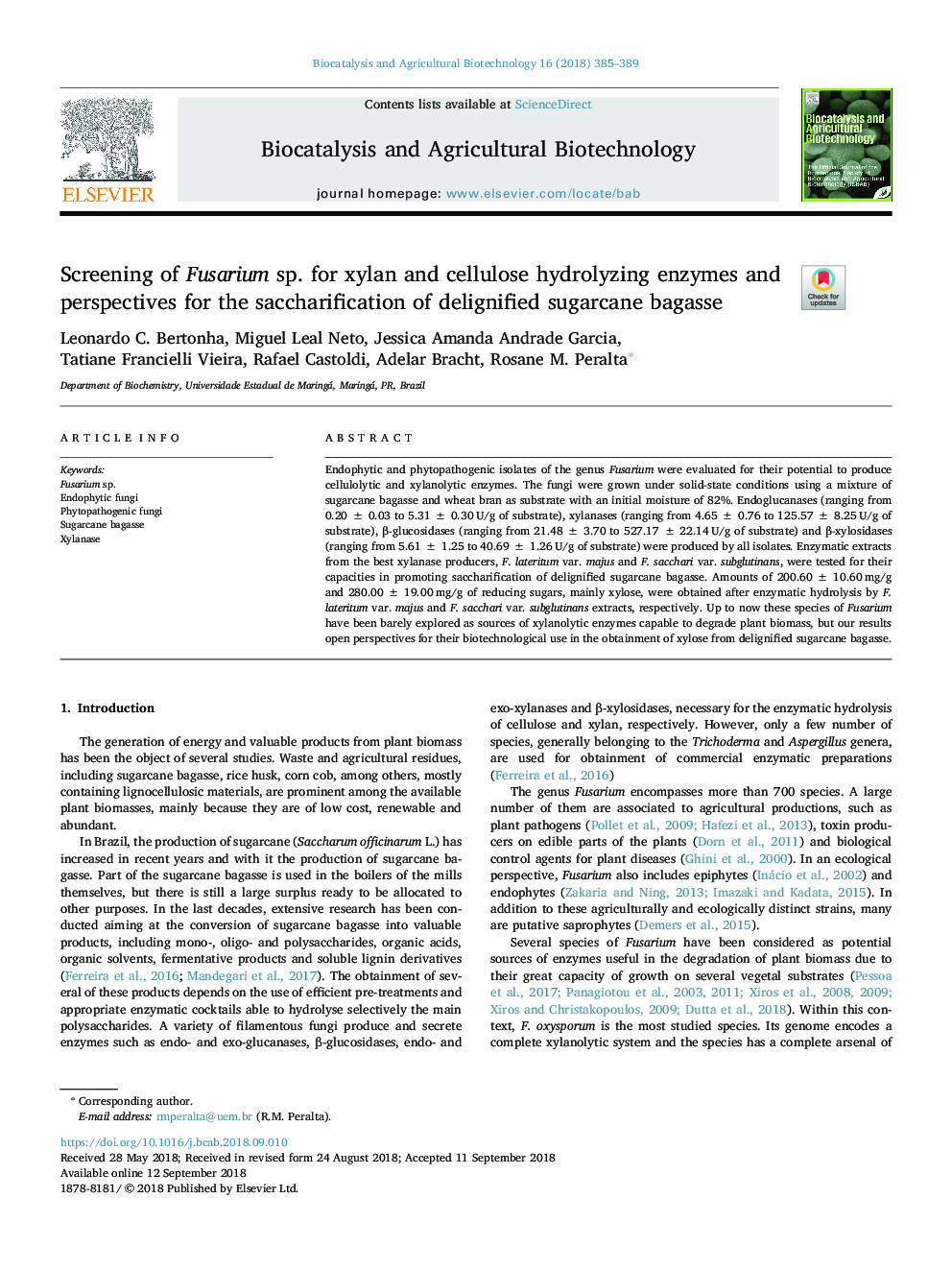 Screening of Fusarium sp. for xylan and cellulose hydrolyzing enzymes and perspectives for the saccharification of delignified sugarcane bagasse