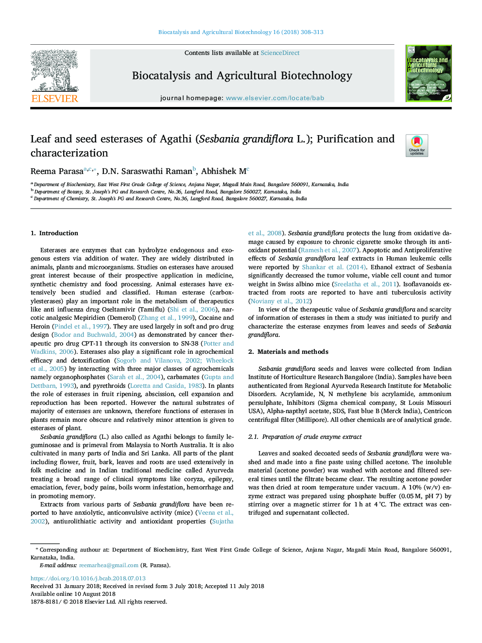 Leaf and seed esterases of Agathi (Sesbania grandiflora L.); Purification and characterization