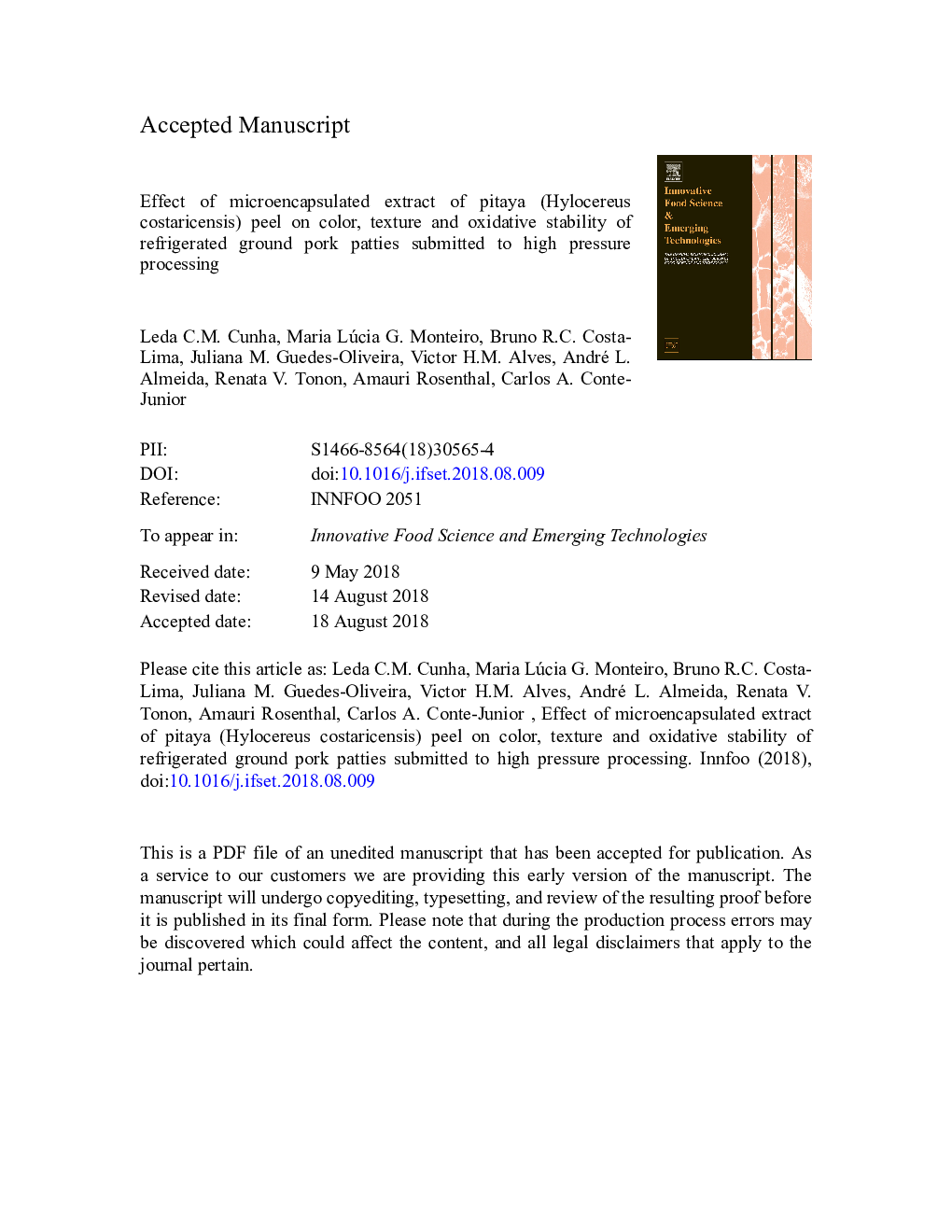 Effect of microencapsulated extract of pitaya (Hylocereus costaricensis) peel on color, texture and oxidative stability of refrigerated ground pork patties submitted to high pressure processing