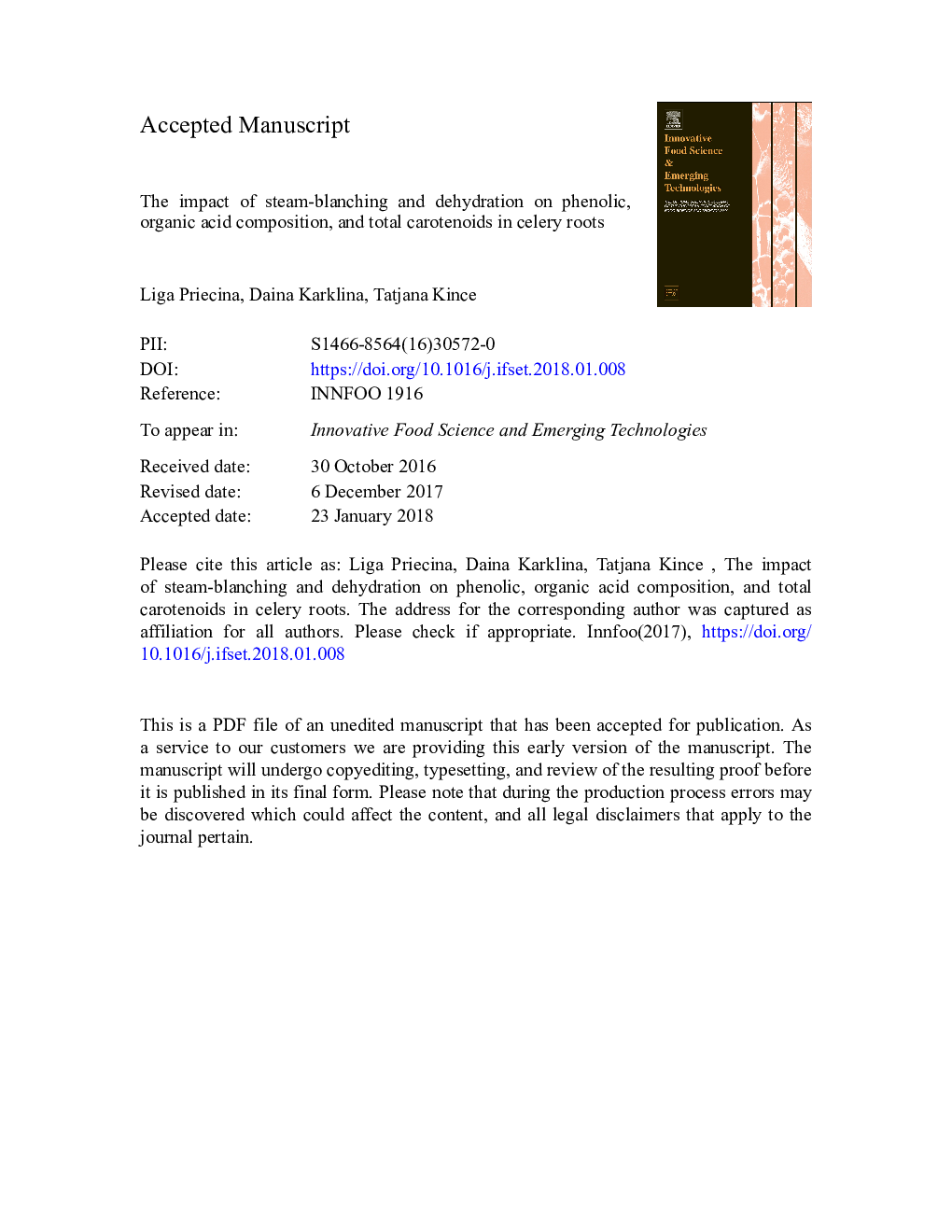 The impact of steam-blanching and dehydration on phenolic, organic acid composition, and total carotenoids in celery roots