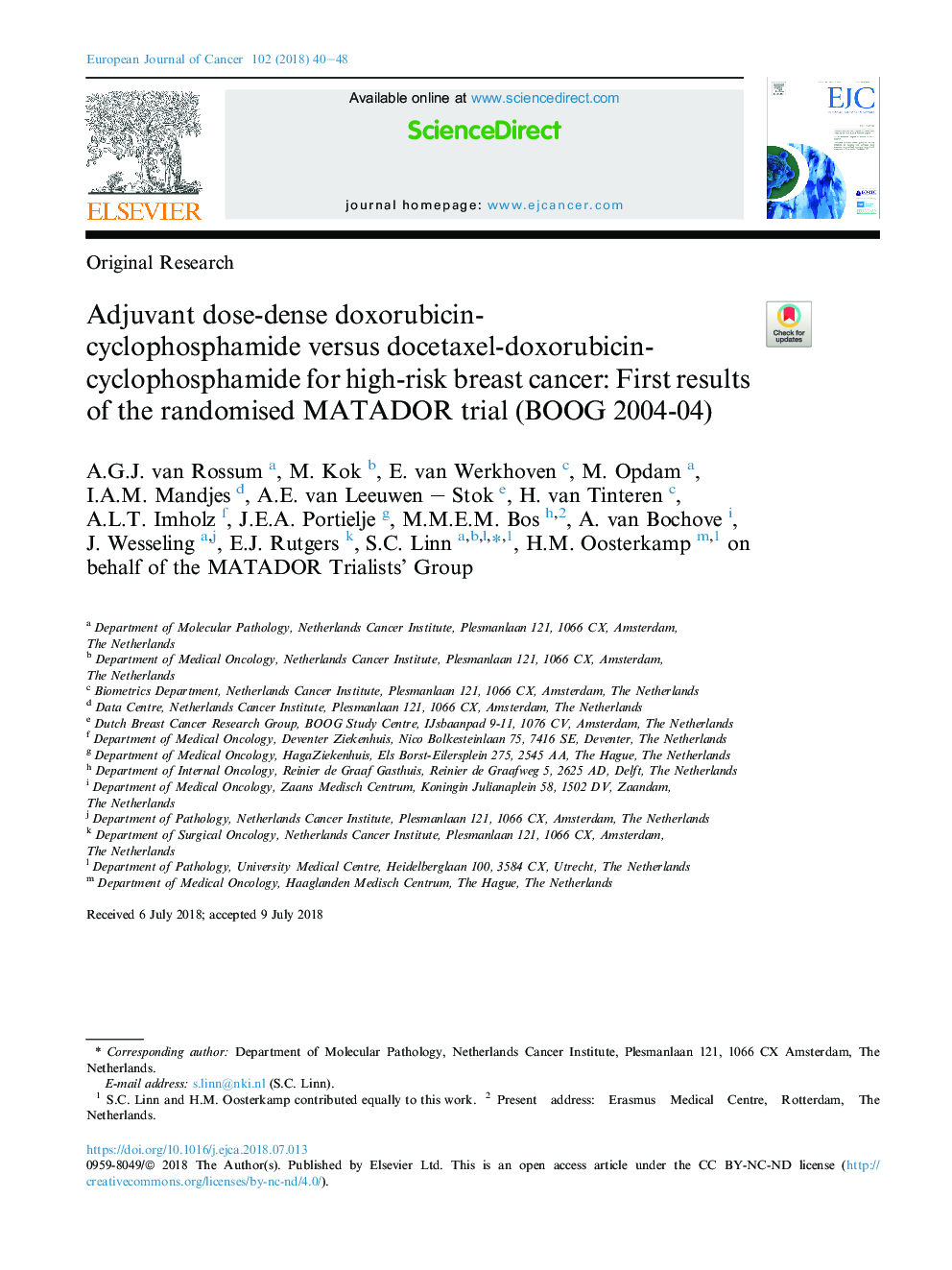 Adjuvant dose-dense doxorubicin-cyclophosphamideÂ versus docetaxel-doxorubicin-cyclophosphamide for high-risk breast cancer: First results of the randomised MATADOR trial (BOOG 2004-04)