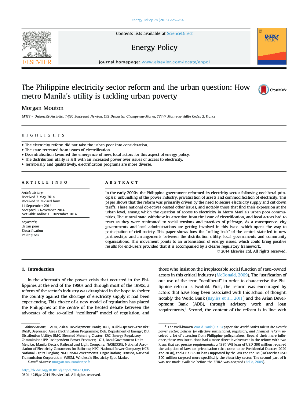 The Philippine electricity sector reform and the urban question: How metro Manila's utility is tackling urban poverty