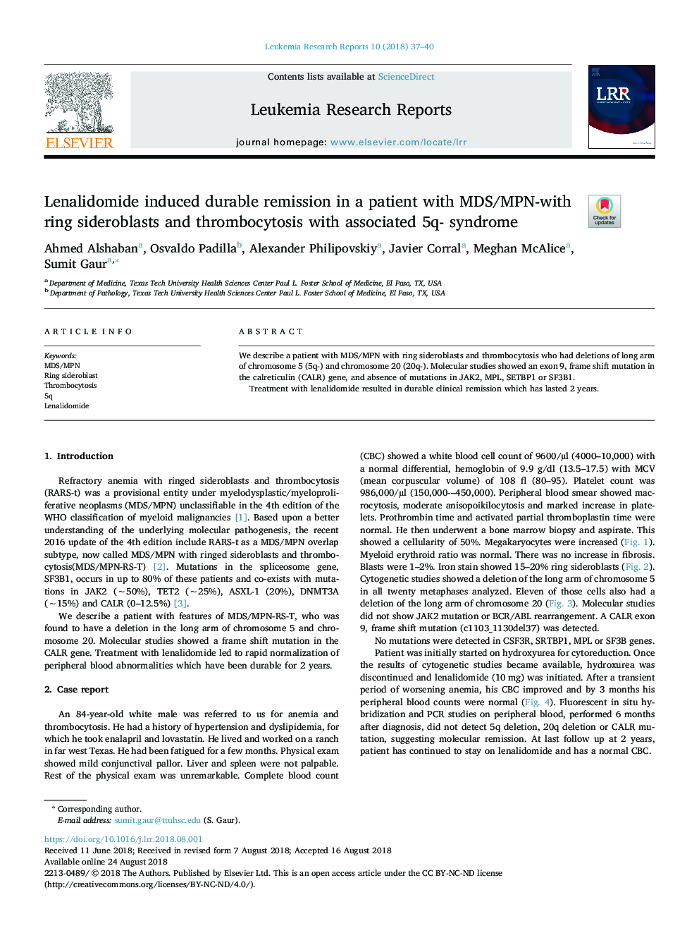 Lenalidomide induced durable remission in a patient with MDS/MPN-with ring sideroblasts and thrombocytosis with associated 5q- syndrome