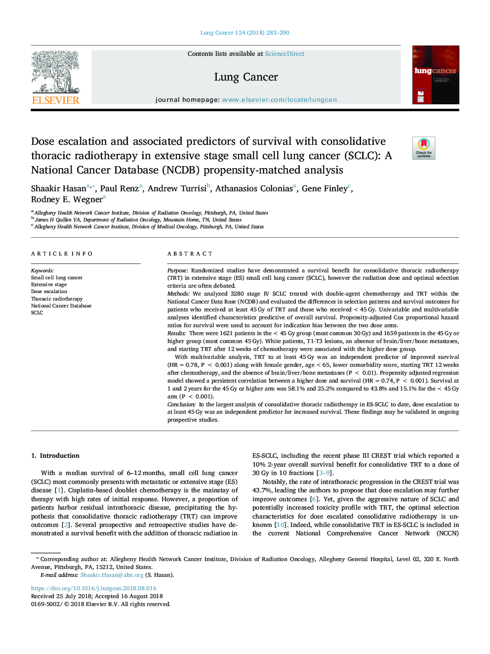 Dose escalation and associated predictors of survival with consolidative thoracic radiotherapy in extensive stage small cell lung cancer (SCLC): A National Cancer Database (NCDB) propensity-matched analysis