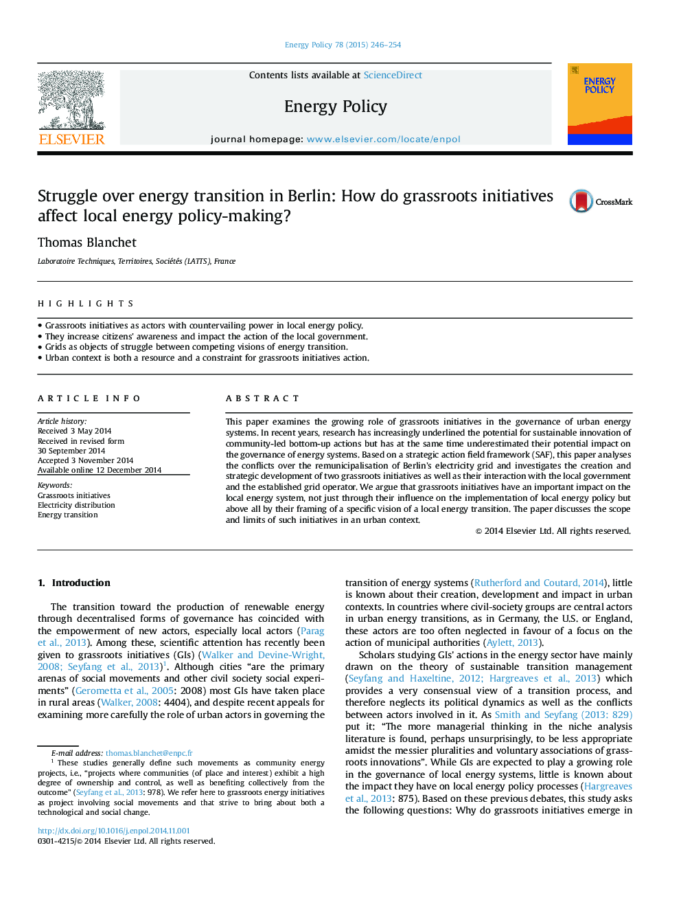 Struggle over energy transition in Berlin: How do grassroots initiatives affect local energy policy-making?