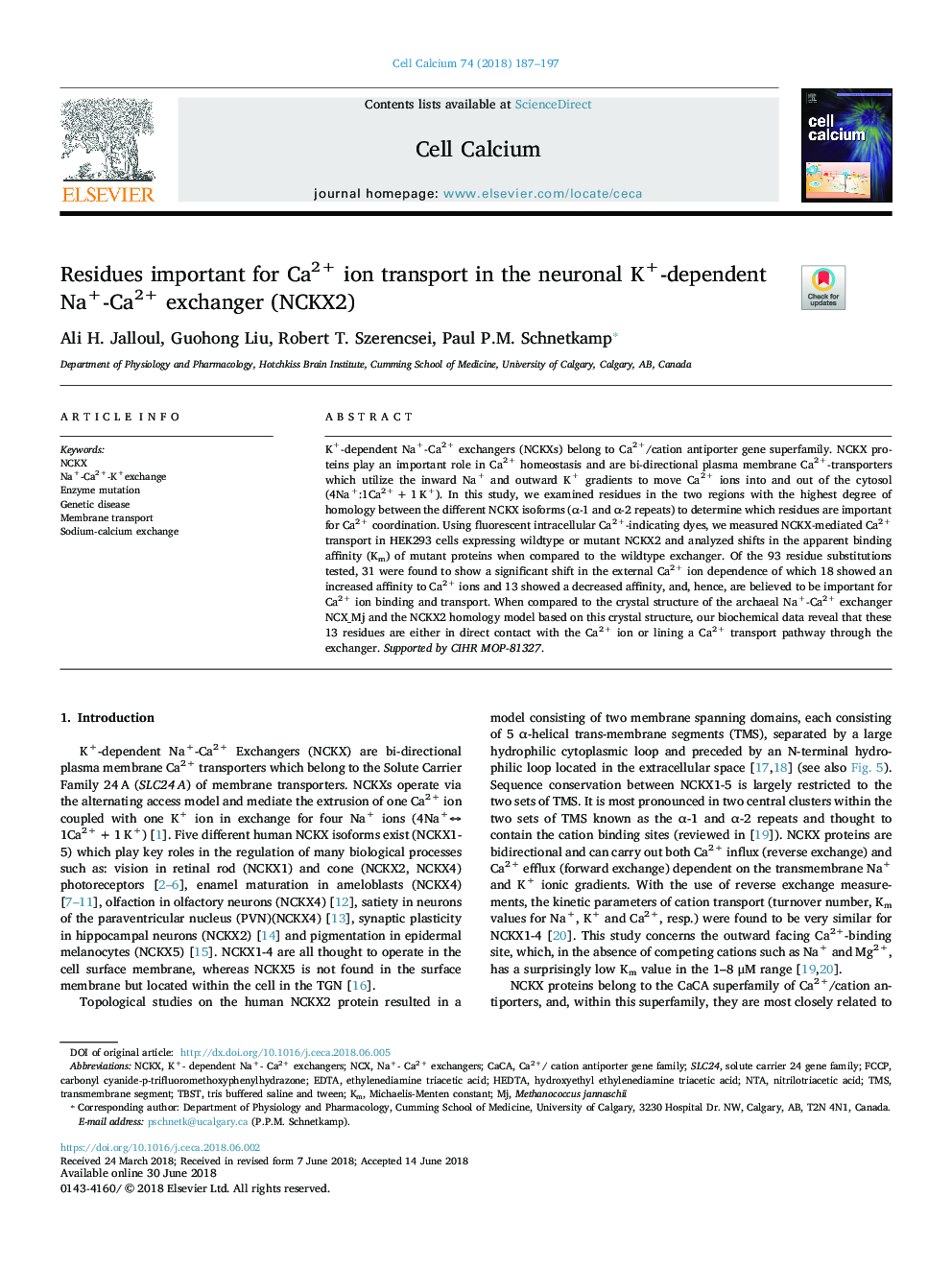 Residues important for Ca2+ ion transport in the neuronal K+-dependent Na+-Ca2+ exchanger (NCKX2)