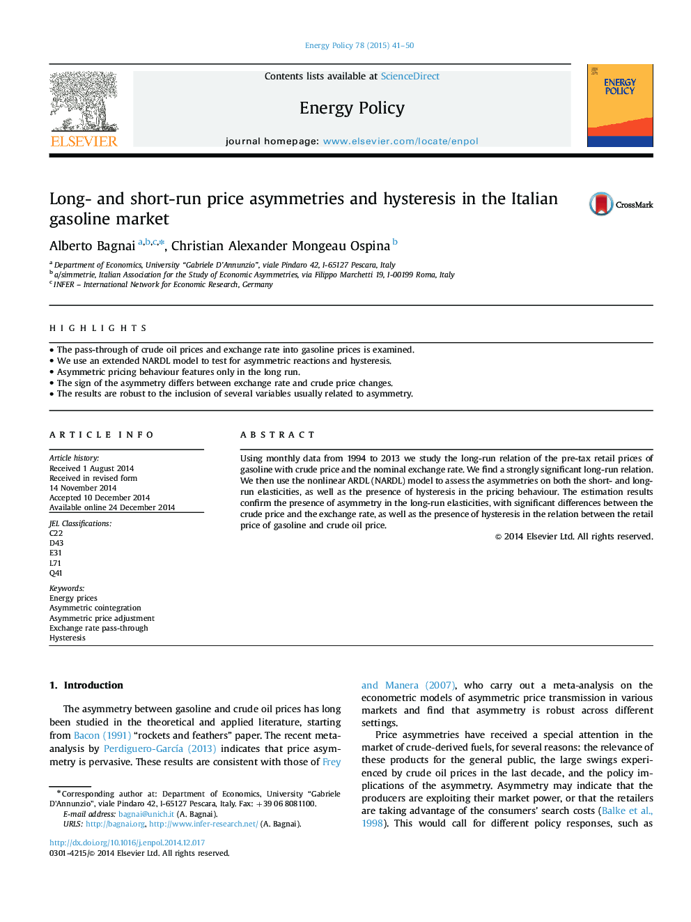 Long- and short-run price asymmetries and hysteresis in the Italian gasoline market