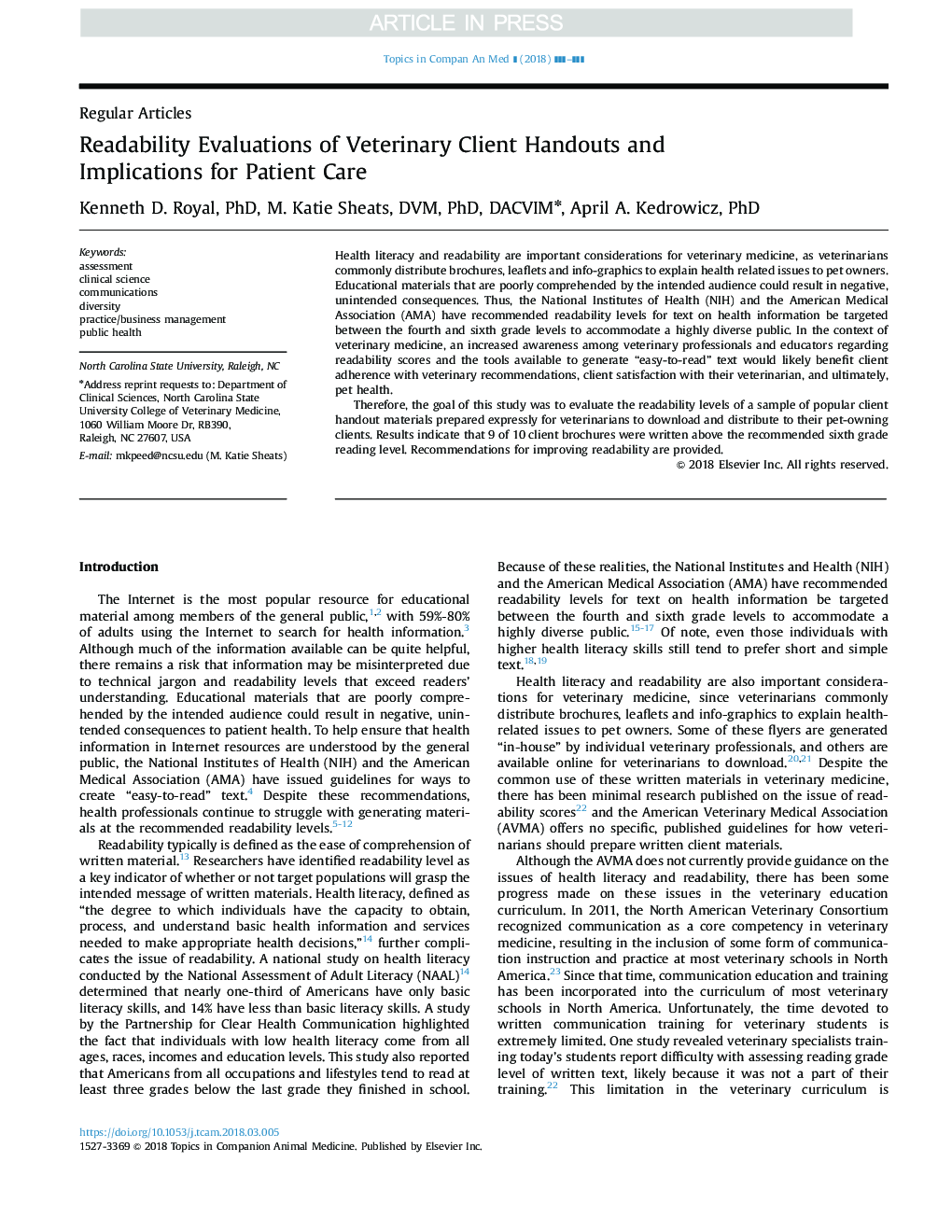 Readability Evaluations of Veterinary Client Handouts and Implications for Patient Care