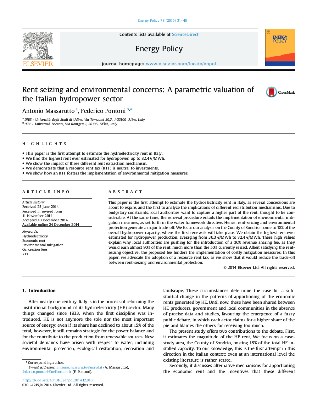 Rent seizing and environmental concerns: A parametric valuation of the Italian hydropower sector