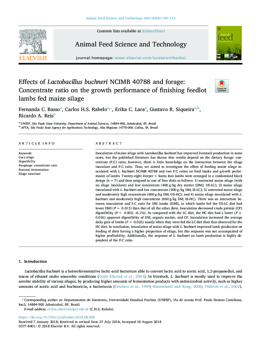 Effects of Lactobacillus buchneri NCIMB 40788 and forage: Concentrate ratio on the growth performance of finishing feedlot lambs fed maize silage