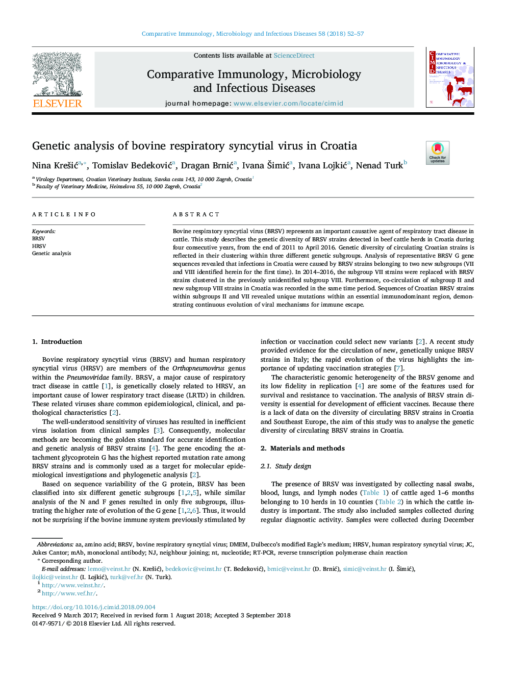 تجزیه و تحلیل ژنتیکی ویروس سونسیتیال تنفسی گاو در کرواسی