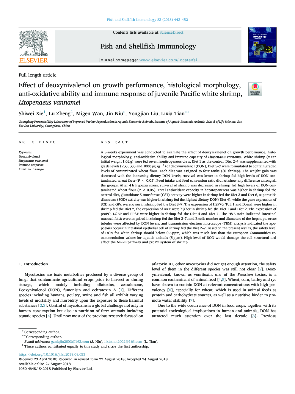 Effect of deoxynivalenol on growth performance, histological morphology, anti-oxidative ability and immune response of juvenile Pacific white shrimp, Litopenaeus vannamei