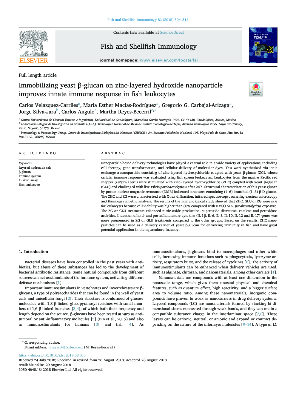 Immobilizing yeast Î²-glucan on zinc-layered hydroxide nanoparticle improves innate immune response in fish leukocytes